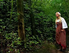 Hot knights try to seduce a blond beauty in the woods