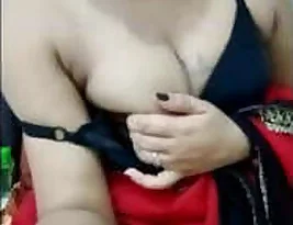 Beautiful Indian woman in a sari gently squeezes her breasts.