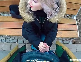 White-haired relative to not at home chick Eva Elfie gives a stranger by a long chalk everywhere blowjob